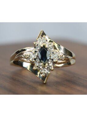 Vintage LGL 10K Yellow Gold Marquise Midnight Blue Sapphire Halo Ring